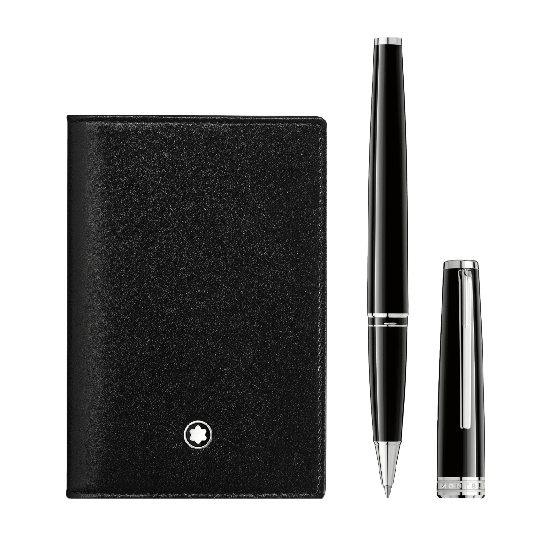 Komplekts Montblanc PIX Pildspalva - rolleris & Meisterstück vizītkaršu maciņš melnā krasā