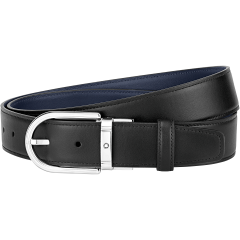 Montblanc melna/zila 35 mm divpusēja ādas josta ar pakavveida sprādzi